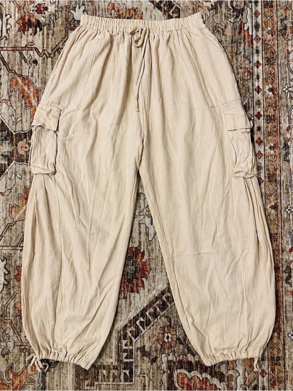 Aakaa Cream Cargo Parachute Pants Large Boho Drawstring Balloon Jogger NWOT - Picture 2 of 11